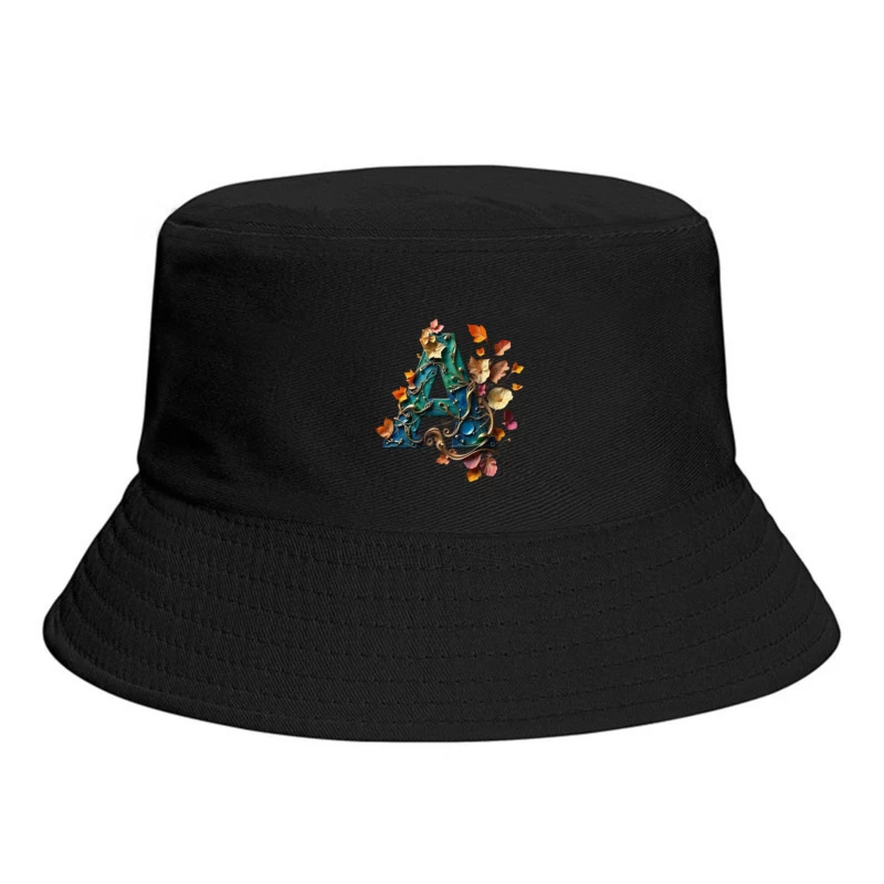 Ornate Teal Letter A with Autumn Floral Embellishments Bucket Hat