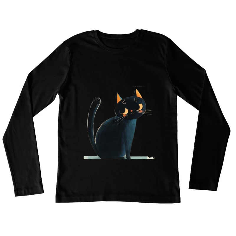 Adorable Black Cat Cartoon Illustration with Orange Ears Female Long Sleeve T-Shirt