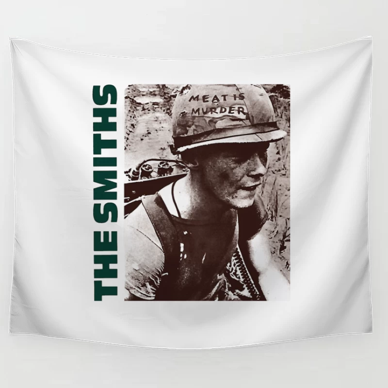 Vintage Activist Portrait with "Meat is Murder" Helmet Tapestry