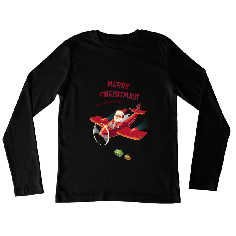 Père Noël en avion souhaitant Joyeux Noël Femme Manches Longues T-Shirt