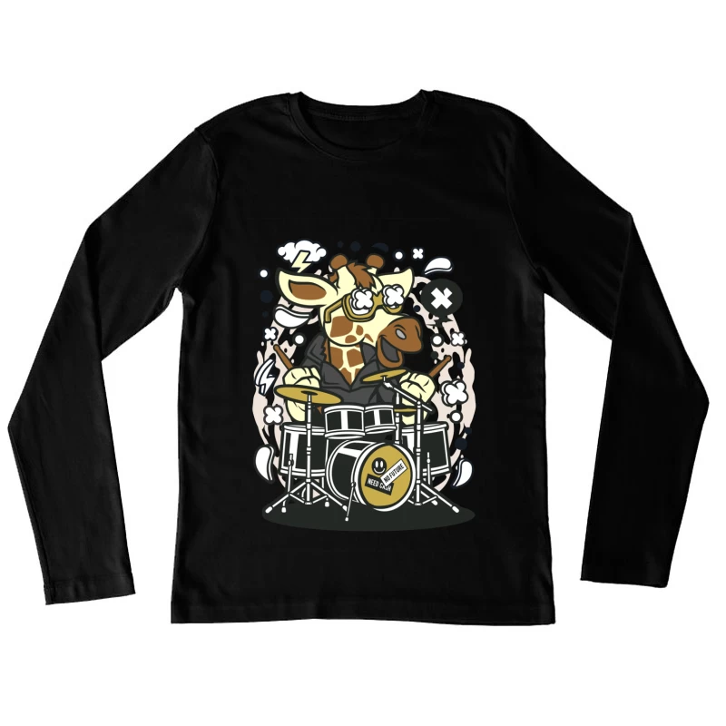 Girafe rockstar jouant de la batterie Femme Manches Longues T-Shirt