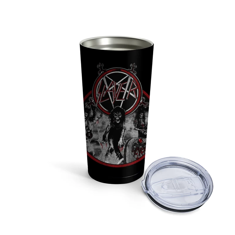 Slayer Heavy Metal Band Logo with Dark Horror-Themed Artwork Travel Mug