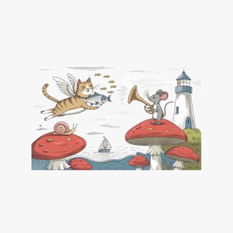 Whimsical Seaside Fantasy with Flying Cat and Musical Mouse Cotton Tote Bag