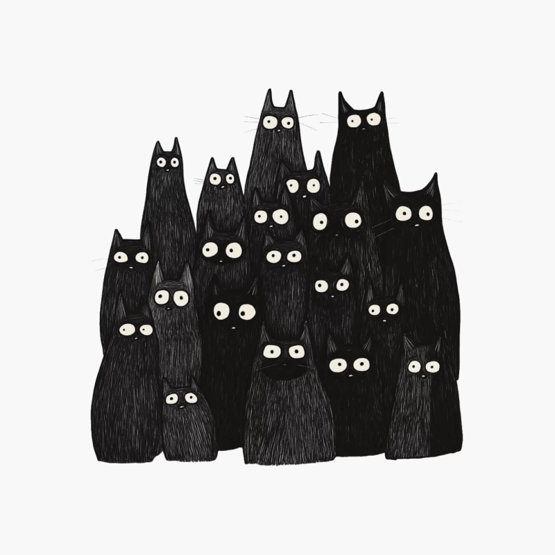 Adorable Black Cat Cartoon Illustration: A Minimalist Group with Wide Eyes Cotton Tote Bag