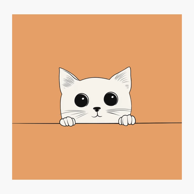 Cute Cartoon White Cat Peeking with Big Eyes in Minimalist Line Drawing Throw Pillow