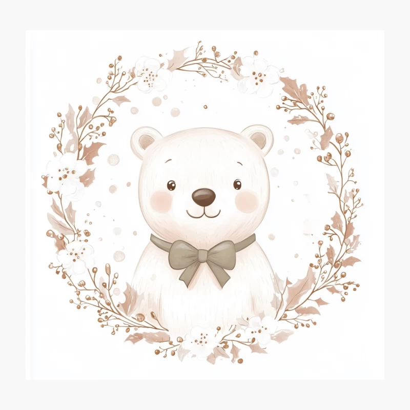 Cute Watercolor Bear with Floral Wreath and Bow Tie Throw Pillow