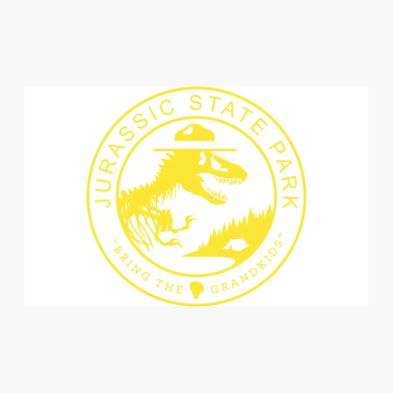 Jurassic State Park: Yellow Circular Emblem with T-Rex and Ranger Hat Travel Mug