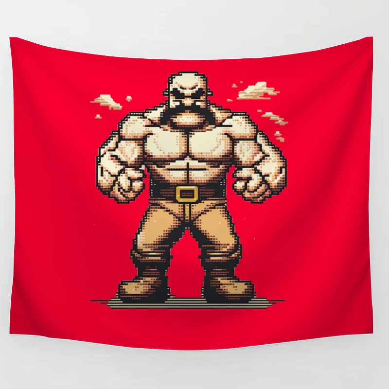 Muscular Pixel Art Fighter Character in Retro Gaming Style Tapestry