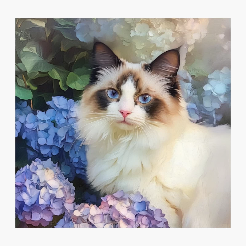 Regal Ragdoll Cat Amidst Blooming Hydrangeas: A Painted Pet Portrait Throw Pillow