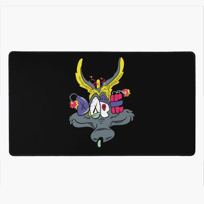 Whimsical Cartoon Creature with Explosive Elements Desk Mat