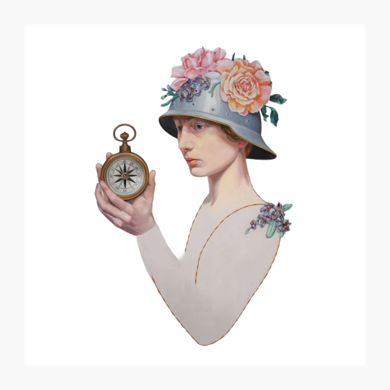 Surreal Vintage Portrait with Floral Hat and Compass Pin