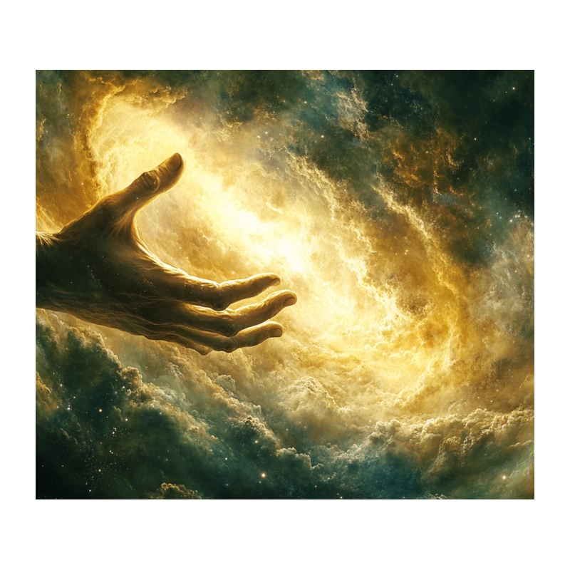 Divine Hand Reaching into Cosmic Galaxy Tapestry