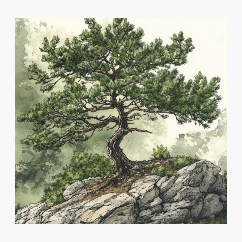 Weathered Pine on Rocky Outcrop: A Serene Watercolor Landscape Throw Pillow