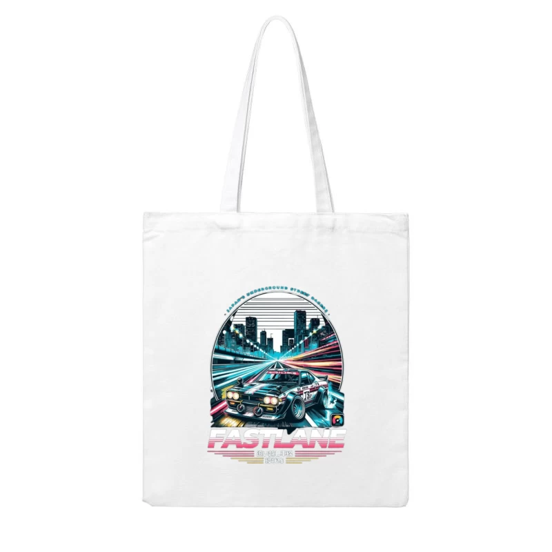 Retro Sports Car Racing Through Neon Cityscape - Synthwave Style Cotton Tote Bag