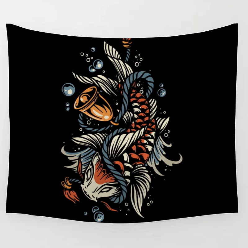 Koi Fish Tattoo Illustration with Bubbles Tapestry