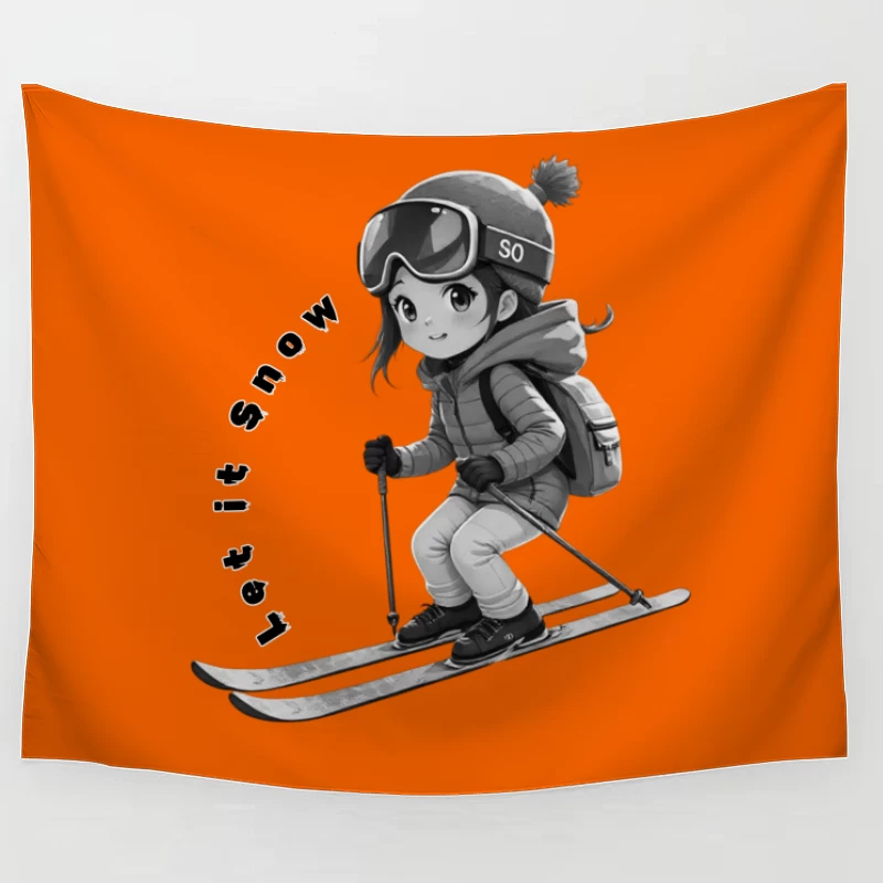 Cute Anime Chibi Character Skiing in Winter Tapestry