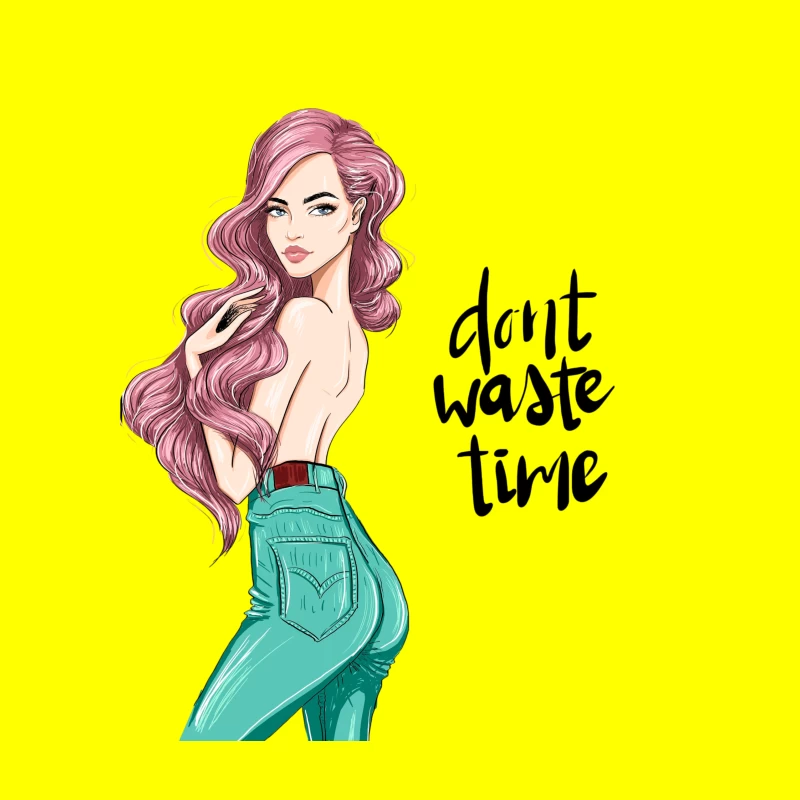 Stylish Woman Illustration with Pink Hair Throw Pillow