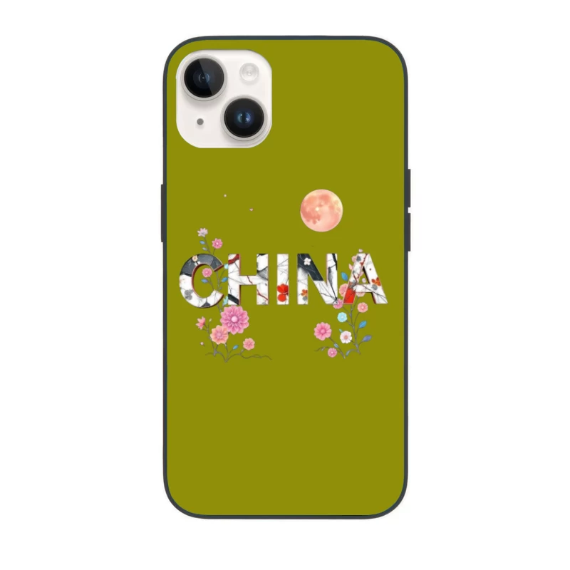 Floral Chinese Typography with Pink Moon and Cherry Blossoms iPhone Case