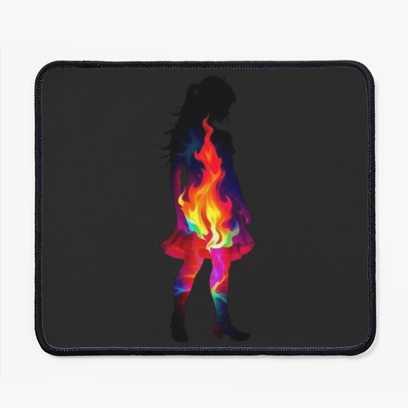 Vibrant Rainbow Fire Silhouette of Woman in Dress Mouse Pad