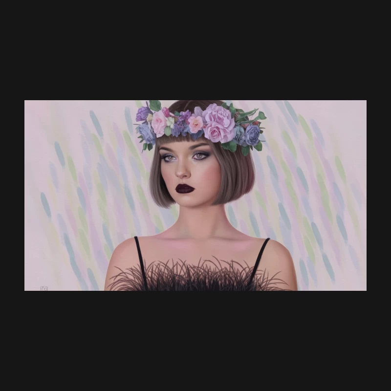 Ethereal Portrait: Woman with Floral Crown and Feathered Fashion Desk Mat
