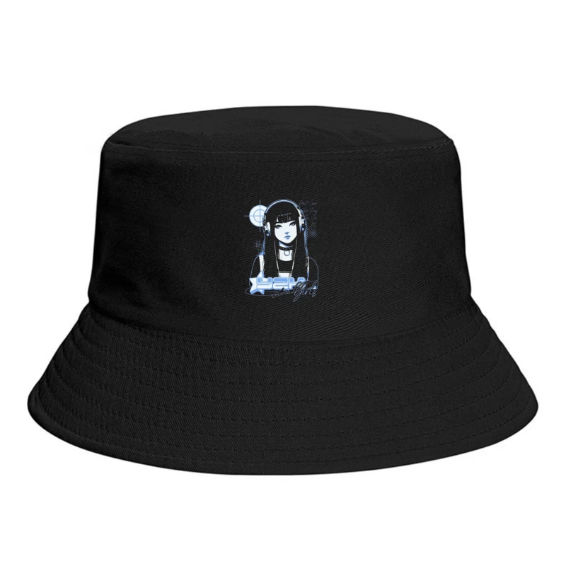 Blue Monochrome Gothic Anime Girl with Headphones Bucket Hat