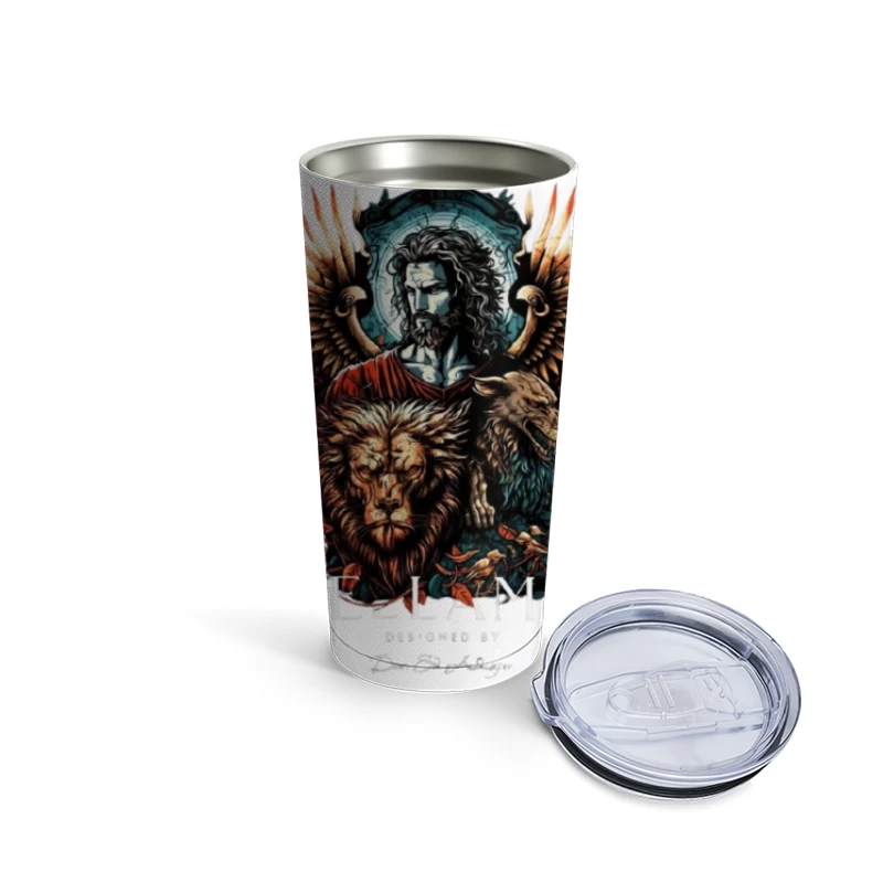 Mystical Religious Gothic Art with Lion and Angel Wings Travel Mug