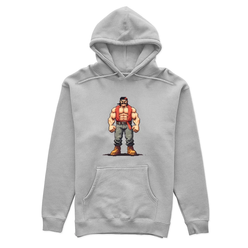 Retro Pixel Art Muscular Fighter in Red Vest Female Pullover Hoodie