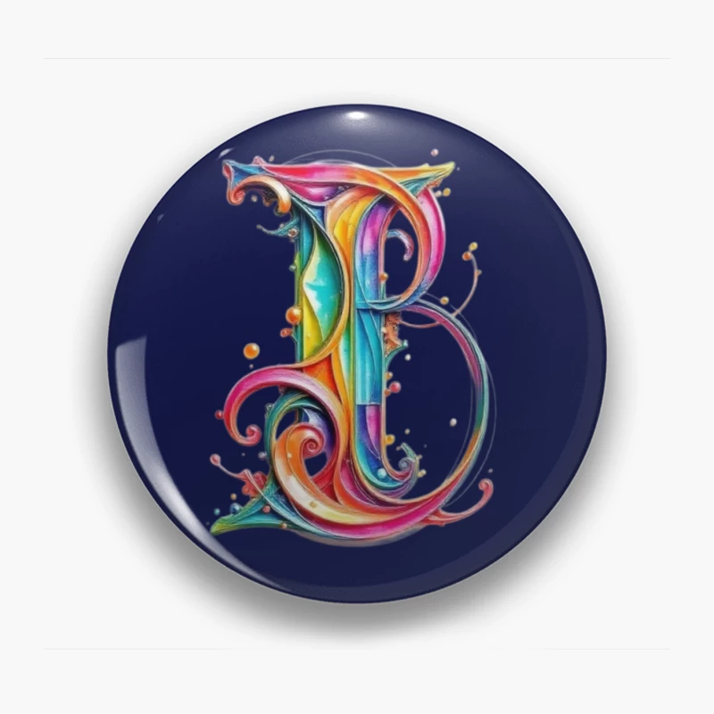 Ornate Rainbow Watercolor Letter B Typography Art Pin