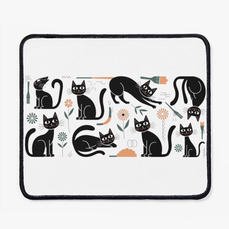 Playful Black Cats Geometric Illustration with Floral Elements Mouse Pad