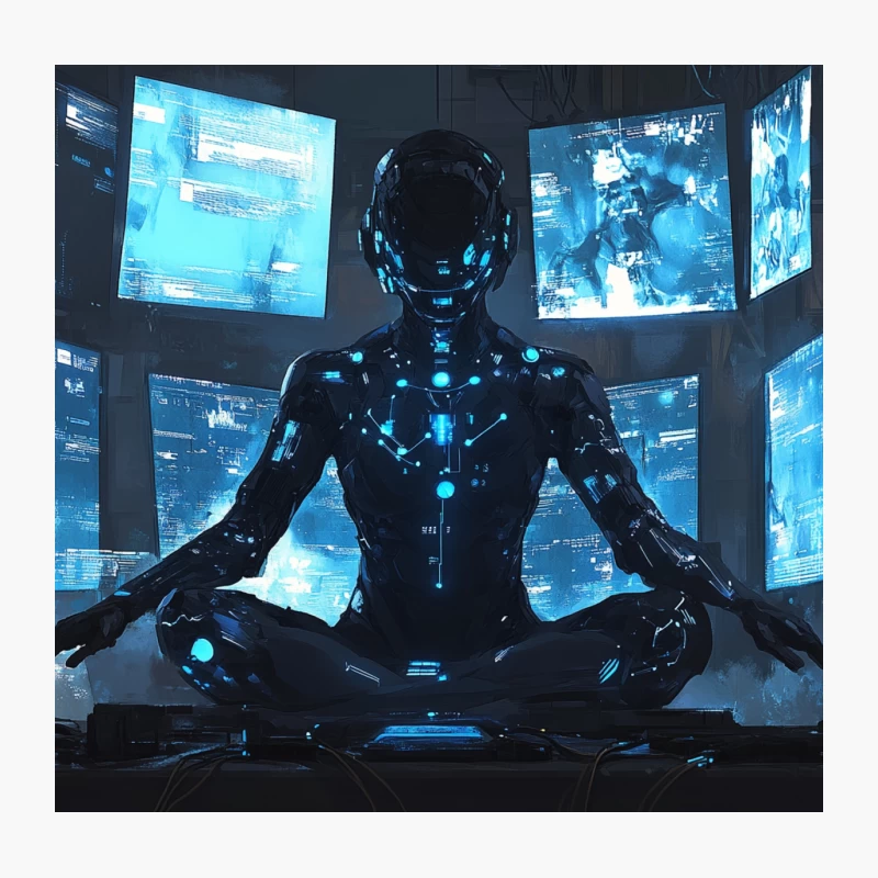 Futuristic AI Cyborg Meditating Amidst Holographic Displays Throw Pillow