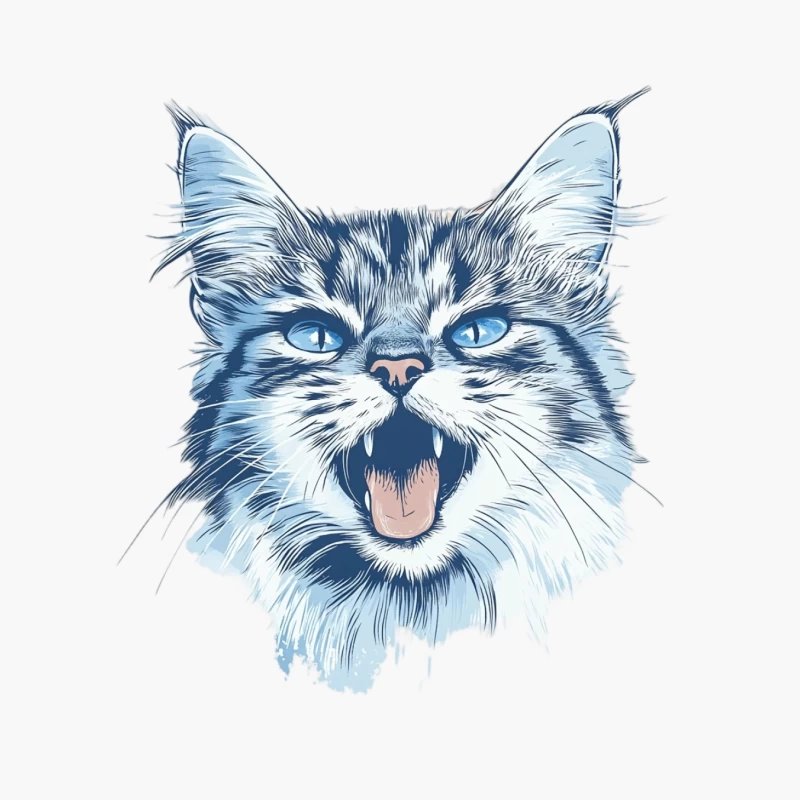 Artistic Digital Portrait of a Meowing Blue-Eyed Cat Cotton Tote Bag