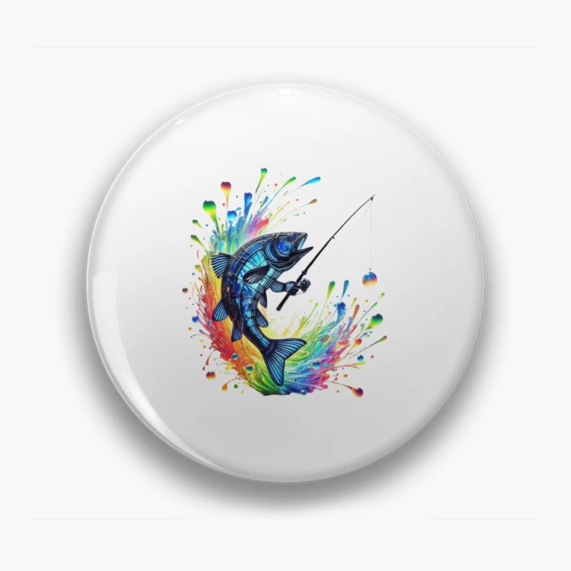 Rainbow Splatter Fish with Fishing Rod Art Pin