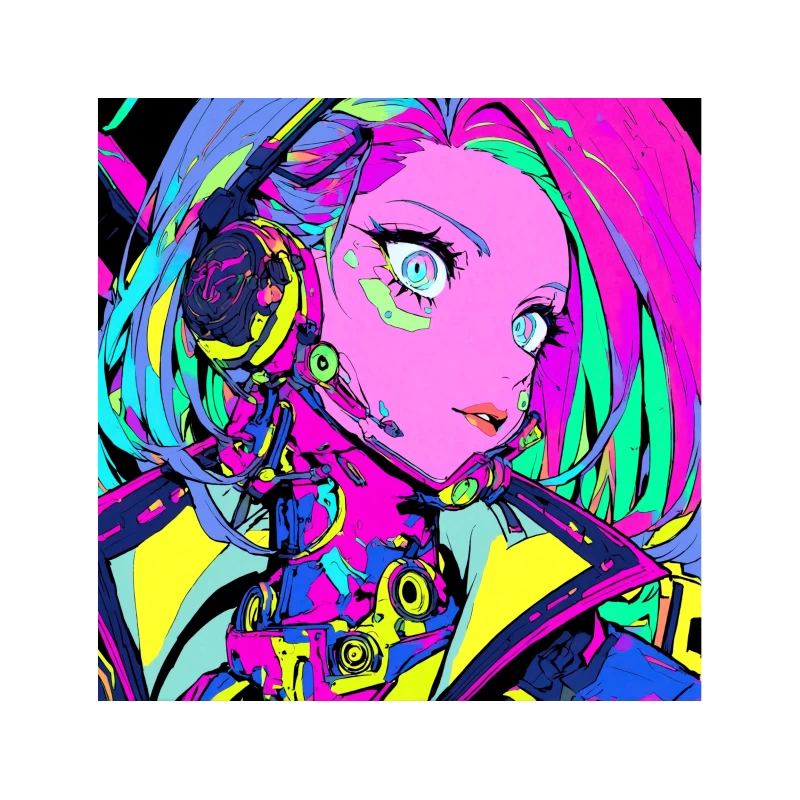 Vibrant Cyberpunk Anime Portrait in Neon Futuristic Style Tapestry