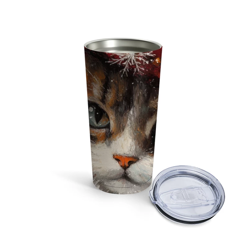 Artistic Winter Portrait of a Calico Cat with Snowflakes Travel Mug