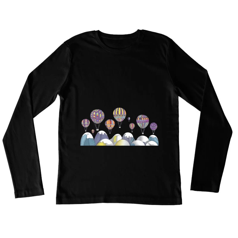 Whimsical Hot Air Balloons Over Colorful Mountain Landscape Female Long Sleeve T-Shirt