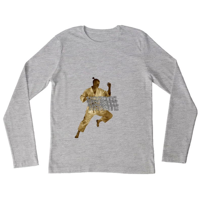 Karate Fighter in Dynamic Combat Stance with Stylized Text Female Long Sleeve T-Shirt