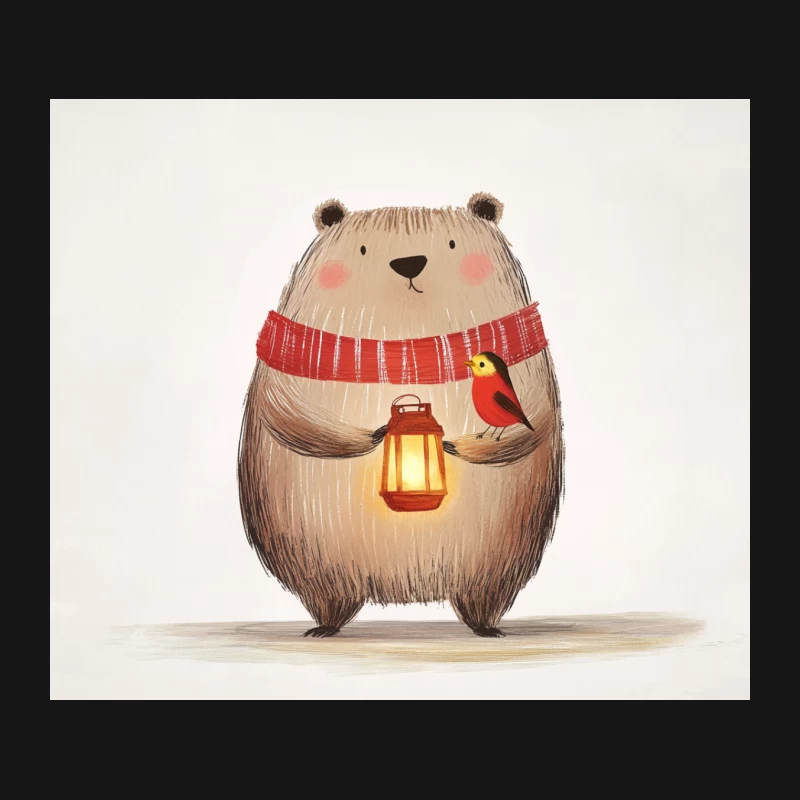 Cozy Bear with Lantern and Robin in Winter Illustration Mouse Pad