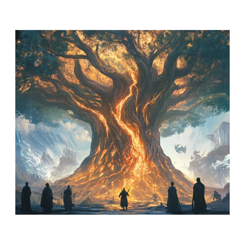 Mystical Glowing Tree with Silhouetted Figures in Epic Fantasy Landscape Tapestry