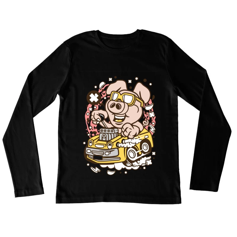 Cochon joyeux conduisant une voiture Femme Manches Longues T-Shirt