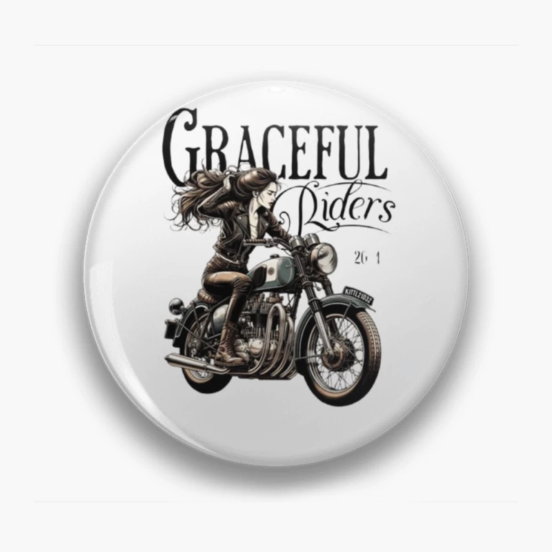 Graceful Riders: Vintage Motorcycle Art with Female Motorcyclist Pin