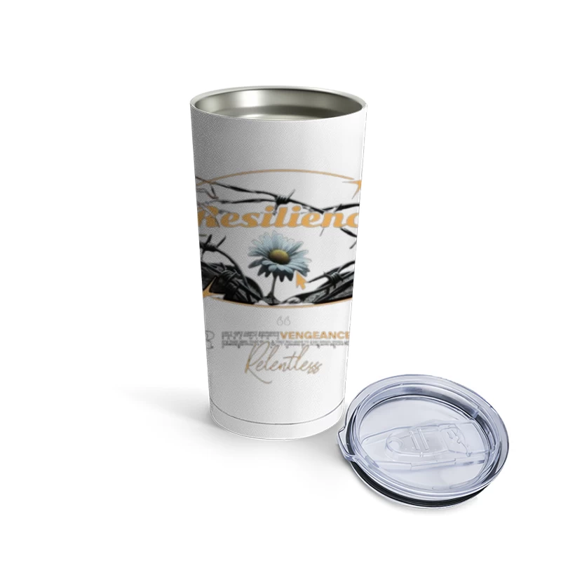 Resilient Daisy Breaking Through Barbed Wire - Artistic Motivational Design Travel Mug