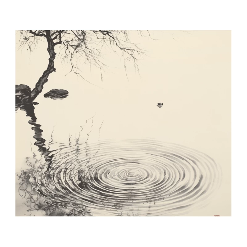 Tranquil Ripples: Minimalist Ink Painting of Nature Tapestry