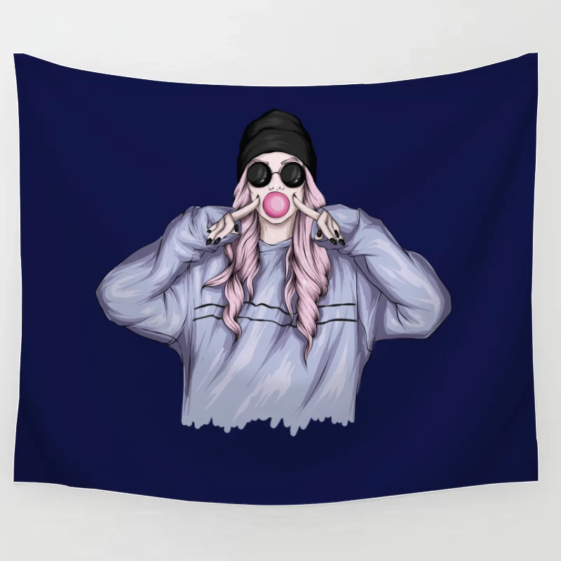 Playful Girl with Bubble Gum in Casual Outfit Tapestry