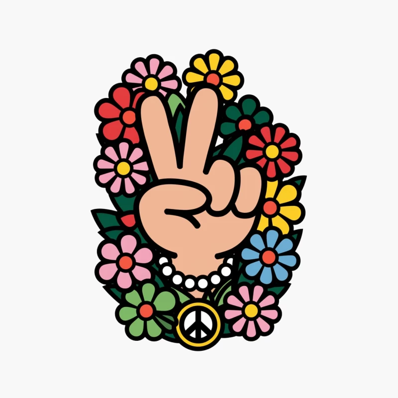Retro Peace Sign Hand Surrounded by Colorful Flowers Cotton Tote Bag