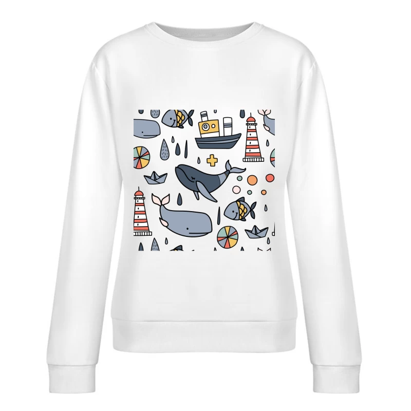Scène marine ludique avec baleines et phare Femme Sweat-shirt à enfiler