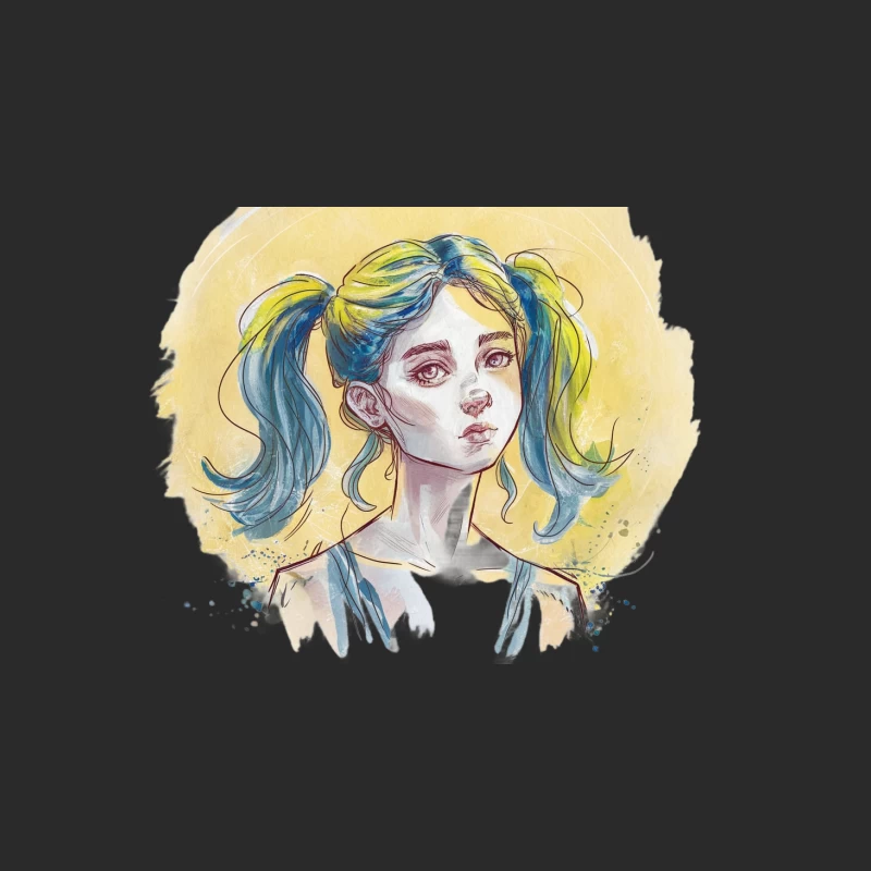 Whimsical Watercolor Portrait of Blue-Haired Anime Character Baseball Cap