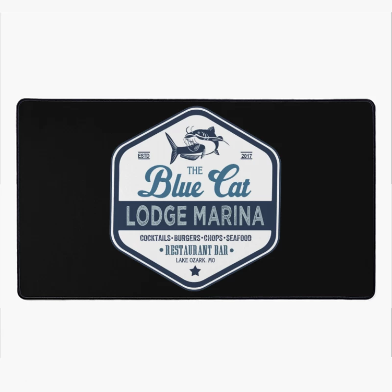 The Blue Cat Lodge Marina Restaurant and Bar - Vintage Nautical Logo Design Desk Mat