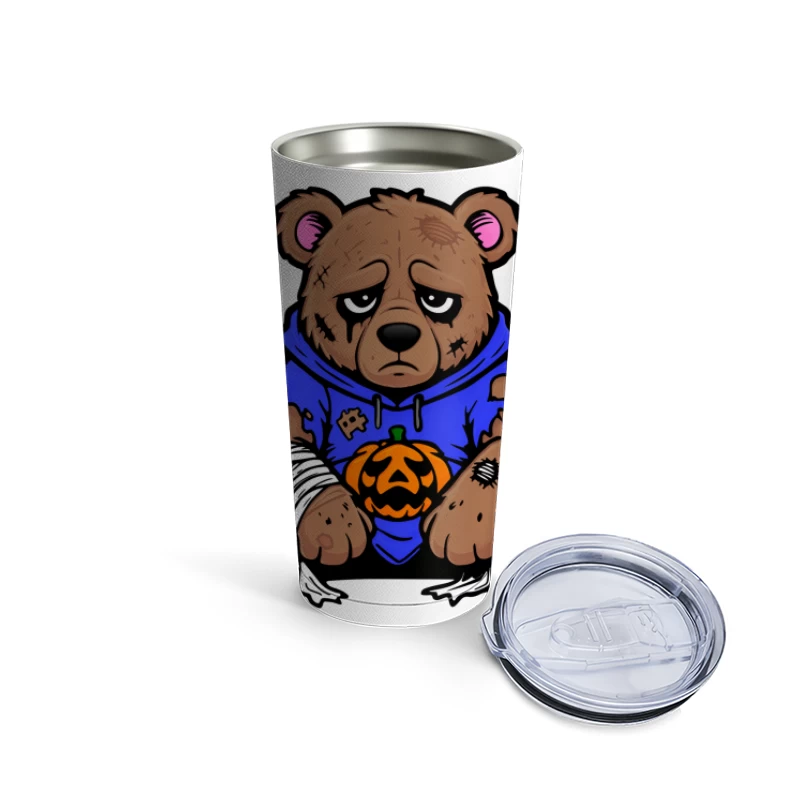 Sad Injured Teddy Bear in Blue Hoodie with Halloween Pumpkin Travel Mug