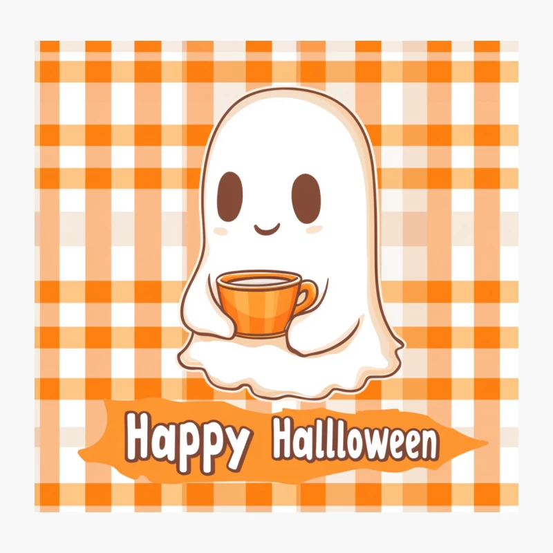 Cute Halloween Ghost with Coffee on Orange Gingham Background Throw Pillow