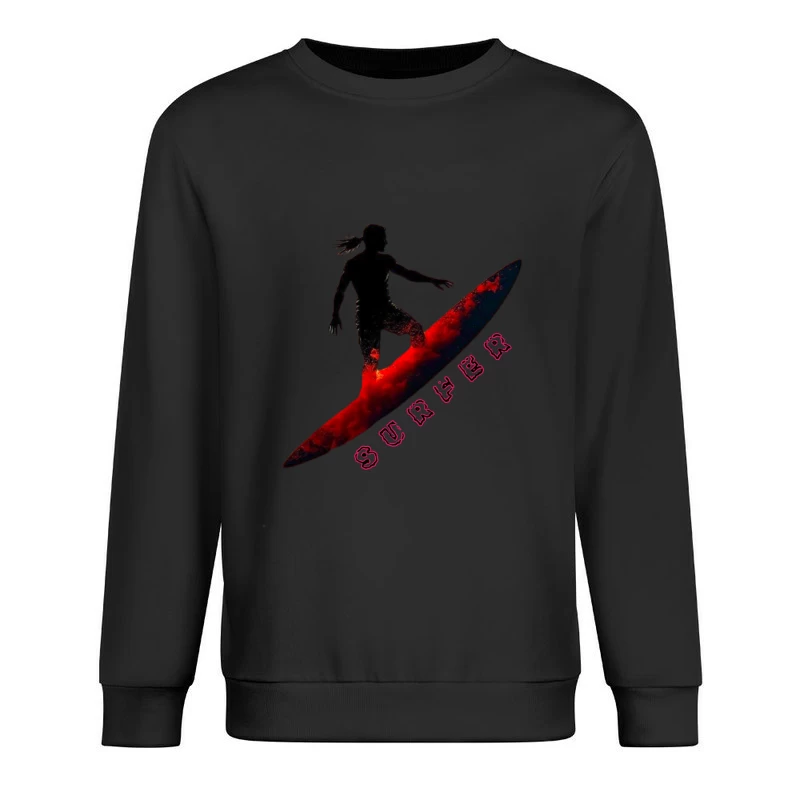 Dynamic Surfer Silhouette with Red Wave Effect Male Pullover Sweatshirt